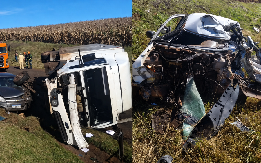 Homem morre e duas pessoas ficam feridas em grave acidente entre carros e caminhão no Paraná