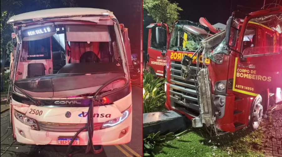 Caminhão dos Bombeiros é atingido por ônibus durante deslocamento para incêndio no Paraná